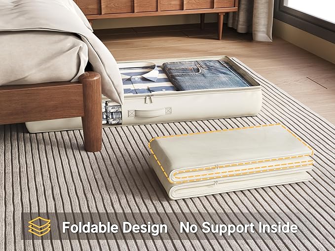 Soft-Sided Foldable Under bed Storage Bags with Window,No Rigid Frame Closet Organizers,Storage Containers for Blankets, Clothing, Comforter, Collapsible Fabric Design,4 Pack, White Ivory-Ruum Studio Home
