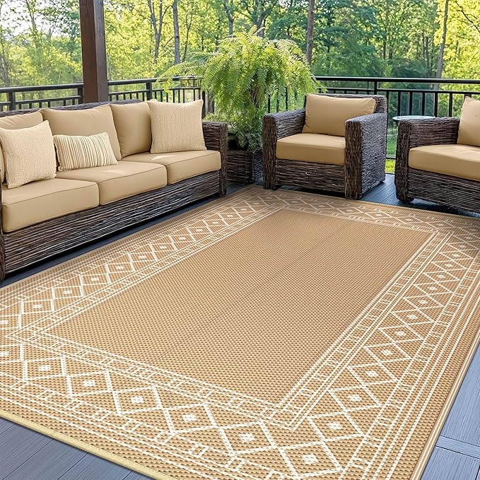 GENIMO Outdoor Rug Waterproof 6'x9' for Patio, Foldable Reversible Plastic Straw Carpet for Travel Trailers, Outside Area Mat for Rv, Deck, Picnic, Porch, Camper, Balcony, Beach, Brown & Beige-Ruum Studio Home