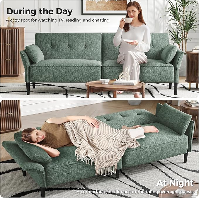 89” Futon Sofa Bed, Linen Comfy Futon Couch Bed with 2 Square Pillows, Convertible Sleeper Sofa with Adjustable Backrest& Armrests, Modern Loveseat Sleeper for Living Room, Bedroom, Green-Ruum Studio Home