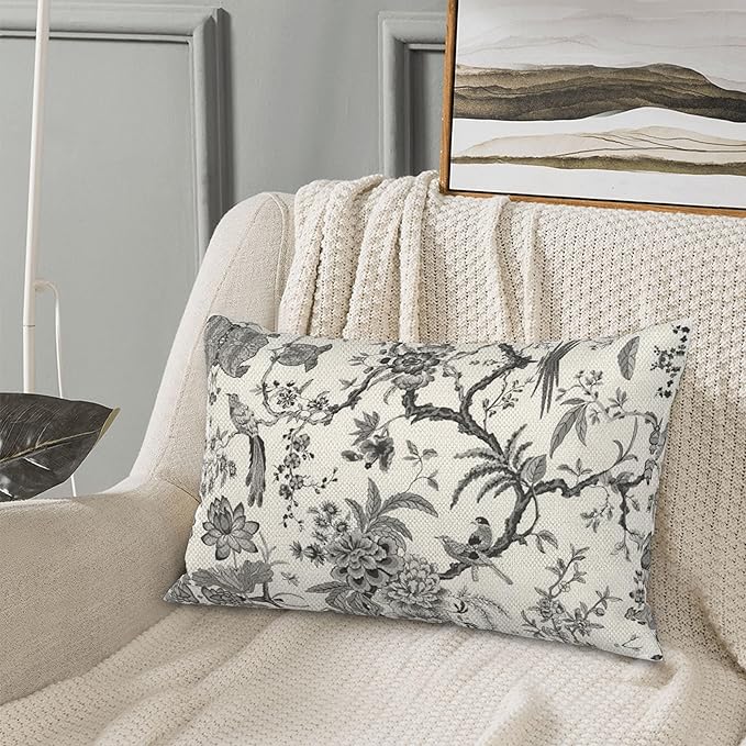 CXMEIFLY Spring Floral Birds Pillow Covers 12 x 20 Inch Set of 2 for Chinoiserie Flowers Decor Throw Pillows Black and White Plant Outdoor Decorative Cushion Cases for Couch Bed Decorations-Ruum Studio Home