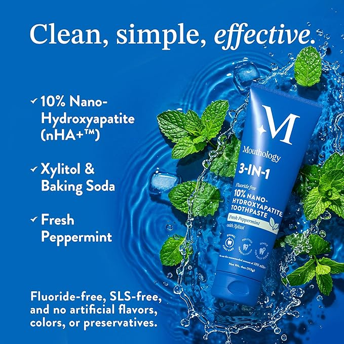 Mouthology 10% Nano Hydroxyapatite Toothpaste (Fluoride Free), Whitening*, Supports Enamel Care*, Appropriate for Sensitive Teeth*, SLS Free, Xylitol nHA Toothpaste for Adults, Mint 4oz (USA Made)-Ruum Studio Home