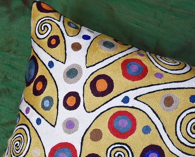 Decorative Pillow Cover Tree of Life Yellow Gold Pillows Botanical Yellows Throw Pillowcase for Couch | Mid Century Pillows for Sofa | Hand Embroidered Cushions Wool 18x18-Ruum Studio Home