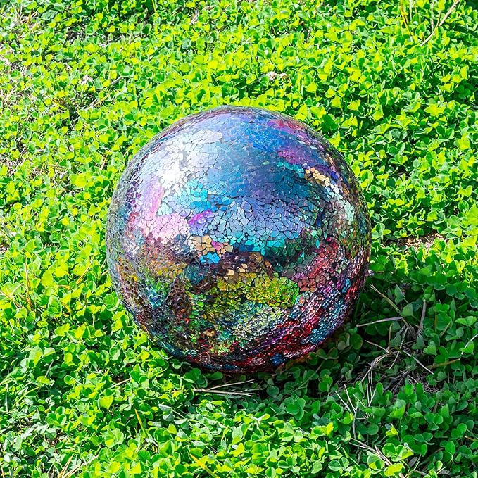 VCUTEKA Gazing Ball, Iridescent Crackled Glass Mosaic Gazing Balls Sphere for Garden Lawn Outdoor Ornament Yard Decorative, 10-Inch, Purple-Ruum Studio Home