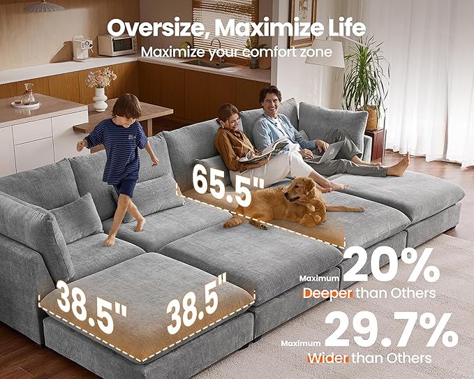Oversized Modular Sofa, Extra Deep Cloud Chenille Sectional Couch with Ottoman Chaise, Fluffy Chenille 2 Seater Sofa Bed for Living Room, Villa (Loveseat Sofa, Chenille Grey)-Ruum Studio Home