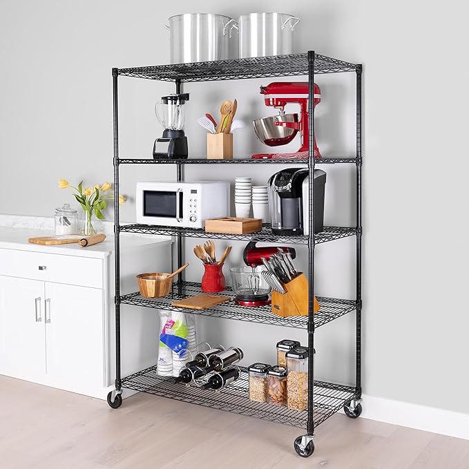Seville Classics UltraDurable Heavy Duty NSF Solid Steel Wire Rack Storage Unit, Organizer for Garage, Warehouse, Office, Restaurant, Classroom, Kitchen, Black, 5-Tier Shelving, 48" W x 24" D-Ruum Studio Home