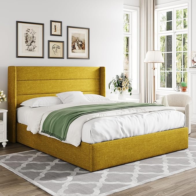 Allewie Full Size Lift Up Storage Bed, Modern Wingback Headboard, Hydraulic Support, No Box Spring Needed, Olive Yellow-Ruum Studio Home