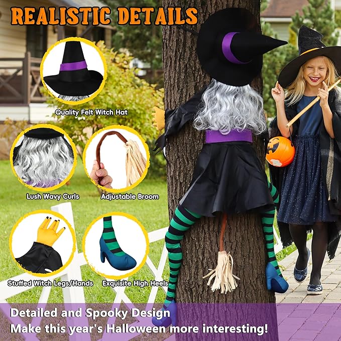 POPGIFTU 63" Crashing Witch Halloween Decoration – Flying Witch on Broom Into Tree Outdoor Yard Prop for Porch, Lawn, Garden, Pillars, Door, or Haunted House Decor-Ruum Studio Home