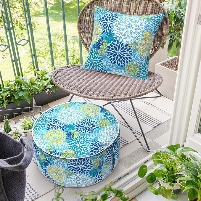 Inflatable Ottoman Stool D21 xH9 for Outdoor/Indoor Use, Water Repellent Patio Foot Rest Stool with Portable Handle,Round Pouf Ottoman Suitable for Garden,Deck and Camping - Dahlia Blue-Ruum Studio Home