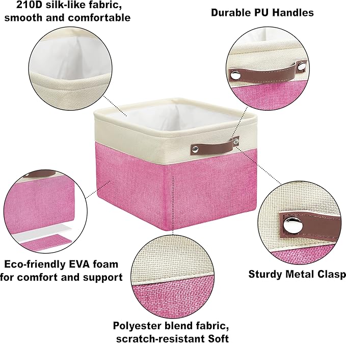SIMPLE HOUSEWARE Large Fabric Storage Bin, 15" x 11" with Leather Like Handles, 3 Pack, Pink-Ruum Studio Home