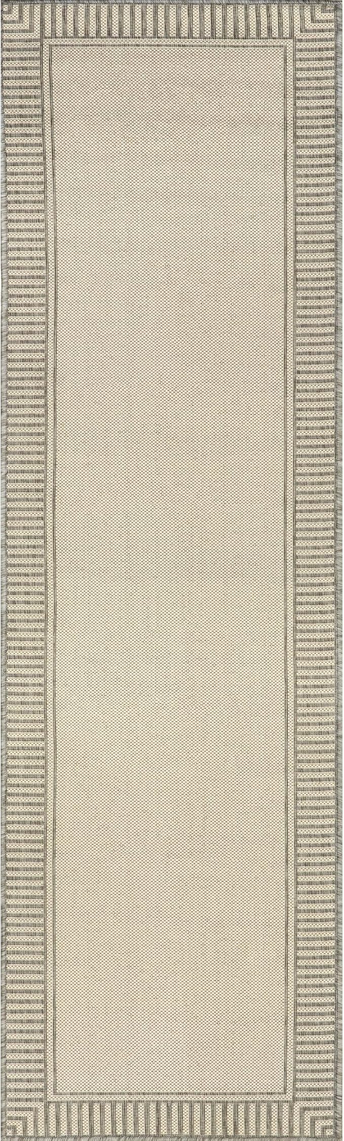 nuLOOM 2' x 8' Outdoor Area Rug, Casual Design with Striped Border, Stain Resistant, Highly Durable, for Patio, Balcony, Bedroom, Living Room, Dining Room, Bathroom, Light Grey-Ruum Studio Home