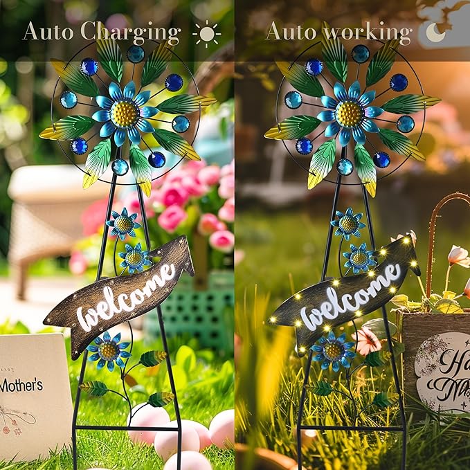 TERESA'S COLLECTIONS Hummingbird Garden Solar Stake, Wind Spinner Yard Art Sign for Outdoor Decor, Metal Purple Floral Windmill Decorative Garden Stake for Lawn Ornaments, Gifts for Mom, 26''-Ruum Studio Home