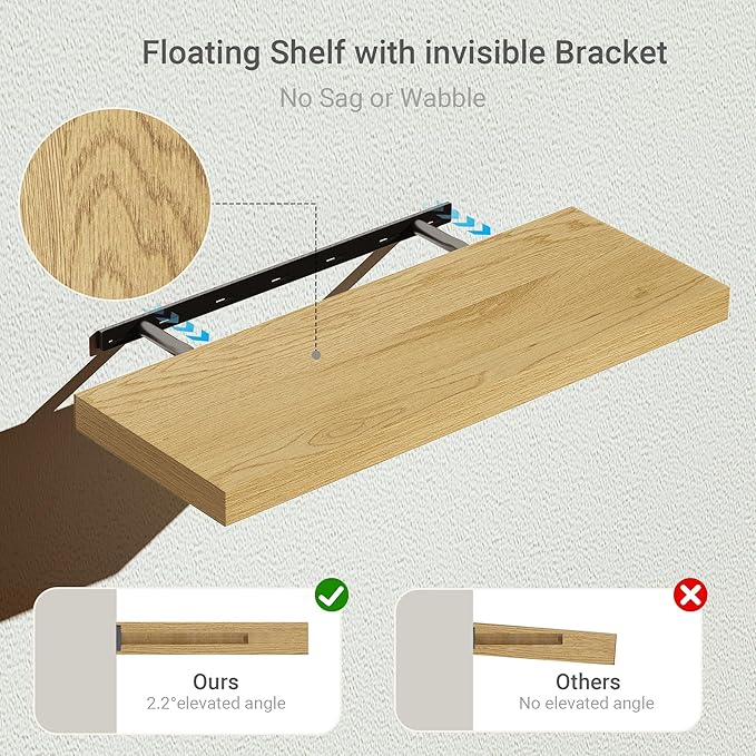 Floating Shelves for Wall 24 inchs Long, 9.2” deep x 1.5” Wall Shelf for Bedroom, Bathroom, Living Room, Kitchen, Office Home Decor, Deep Wood Shelves with Invisible Brackets, Set of 2, Oak-Ruum Studio Home