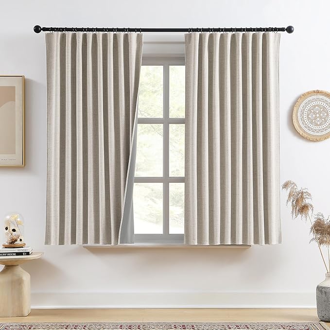 RAIN CITY Beige Blackout Curtains Back Tab Rod Pocket Curtains 63 Inches Long, Linen Burlap Textured Room Darkening Curtains for Bedroom Nursery 2 Panels 50x63-Ruum Studio Home