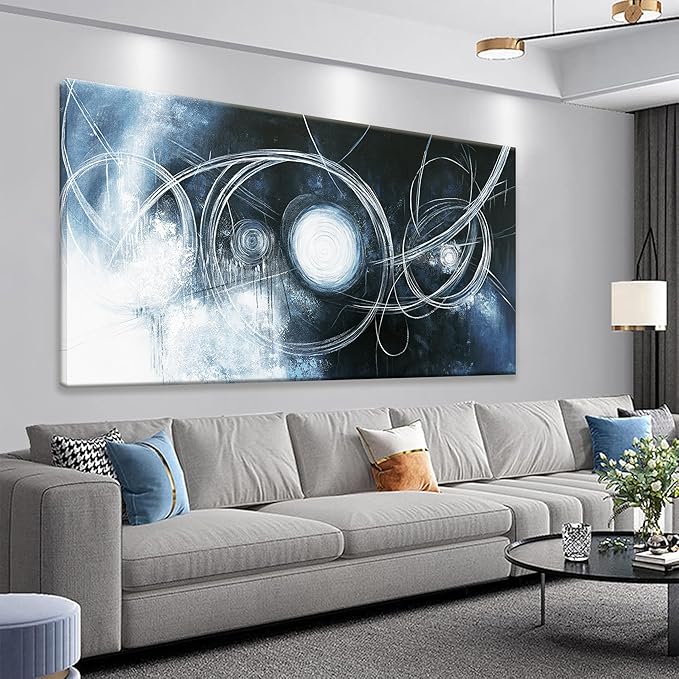 TAIJXAGSG Abstract Wall Art Modern Wall Decorations Maximalist Dark Blue Canvas Wall Art Decor Prints White Line Artwork For Living Room Bedroom Kitchen Office Artwork Ready To Hang 24"×48"-Ruum Studio Home
