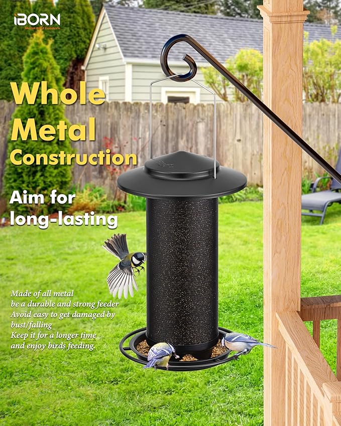 iBorn Bird Feeders for Outdoors, All Metal Mesh Tube, Holding Bird Seed for Outside Feeders,18cm Large Roof, Black, 2.8lb(Seed is not Included)-Ruum Studio Home