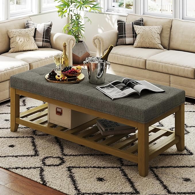 Large Rectangular Upholstered Ottoman Bench, Linen Tufted Footrest Ottoman with Solid Wood Shelf Storage Coffee Table for Bedroom Living Room, Granite-Ruum Studio Home