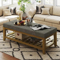 Large Rectangular Upholstered Ottoman Bench, Linen Tufted Footrest Ottoman with Solid Wood Shelf Storage Coffee Table for Bedroom Living Room, Granite-Ruum Studio Home