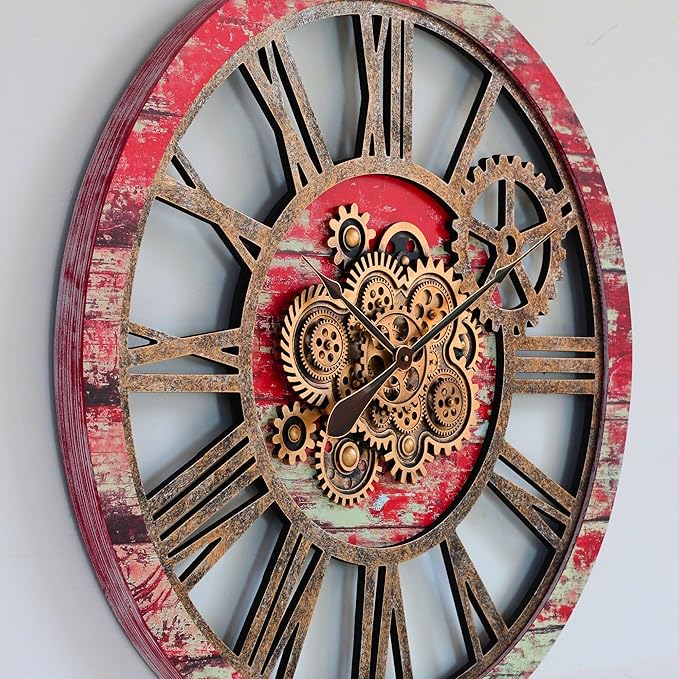 The Gears Clock 36'' Inch Real Moving Gear Wall Clock Vintage Industrial Oversized Rustic Farmhouse (Red Lava)-Ruum Studio Home
