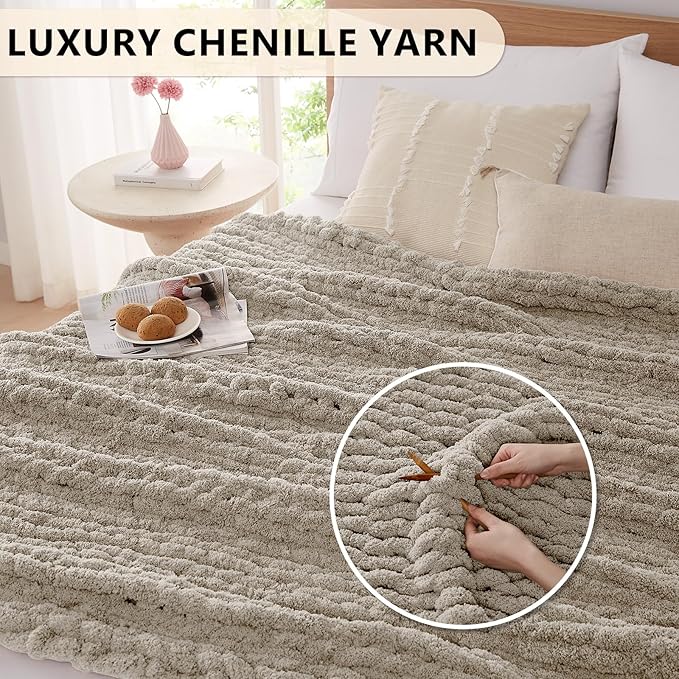 L'AGRATY Chunky Knit Blanket Throw: 60''x80'' Chenille Chunky Knitted Throw Blanket for Bed Couch - Handmade Thick Big Cable Knit Blanket - Large Crochet Rope Blanket for Home Decor(Light Linen)-Ruum Studio Home