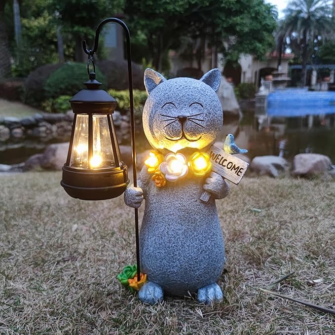 Solar Cat Garden Statues Outdoor Décor with Lantern- Cat Figurines Solar LED Light Lawn Ornaments - Yard Decorations for Patio, Balcony, Backyard -Unique House Warming Gifts for Mom-Ruum Studio Home