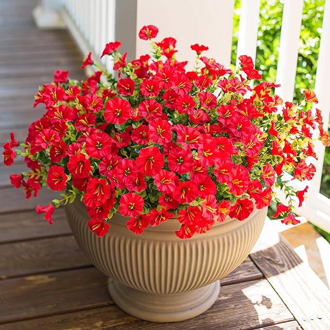 Artificial Flowers for Outdoors Fake Plants Outside Decoration, 12 Bundles Silk Red Morning Glory UV Resistant Look Real Faux Flowers for Planter Front Door Porch Patio Yard Gardens Balcony-Ruum Studio Home