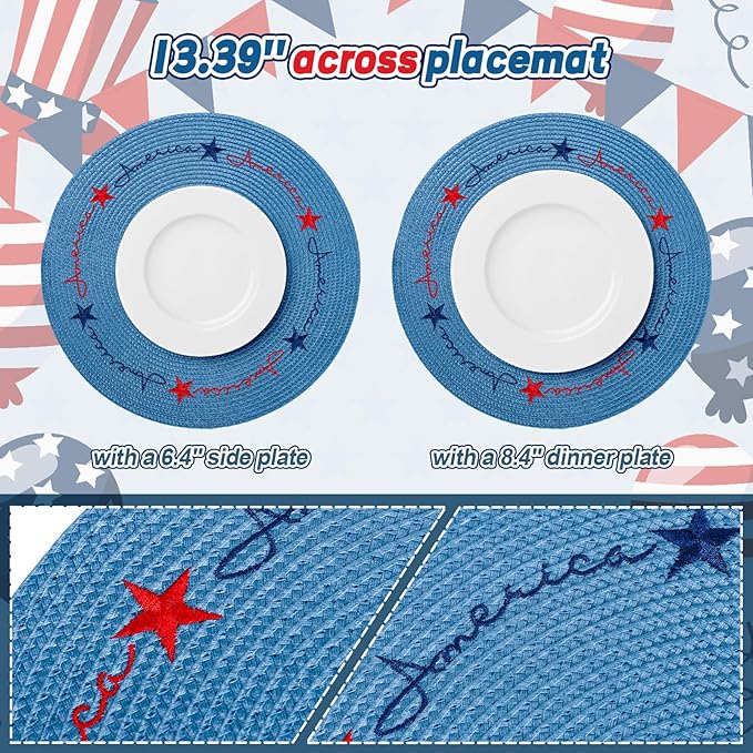 Whaline 4Pcs Round Independence Day Placemats Patriotic Stars Embroidered Place Mats 4th of July Dinner Table Mats for Home Holiday Birthday Party Decor-Ruum Studio Home