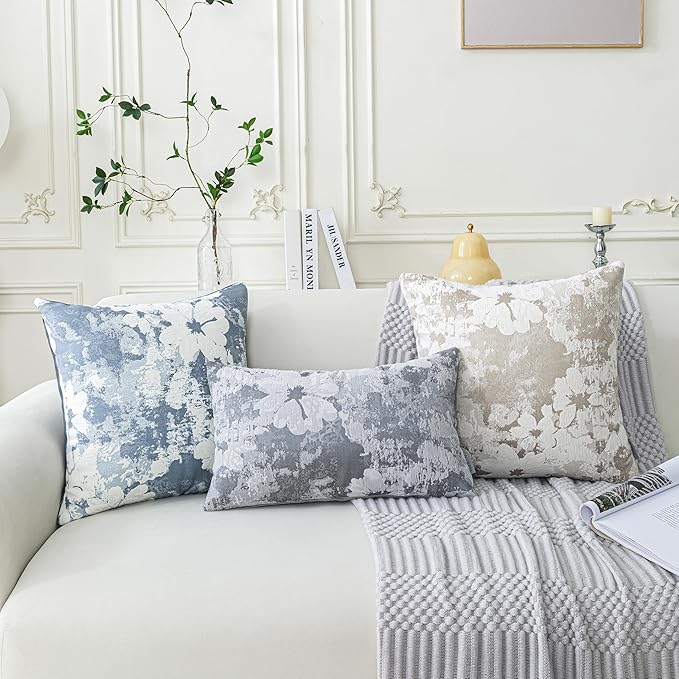 Jacquard Throw Pillow Covers 12x20 Inch Set of 2 - Vintage Floral Boho Pillow Cases with Botanical Pattern | Farmhouse Decor for Couch Living Room | Soft Textured Neutral Trio Slate Gray 12" x 20"-Ruum Studio Home