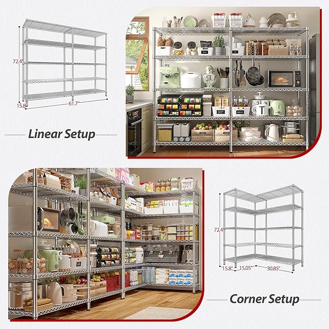 REIBII 1500LBS Storage Shelves 61.7''W Wire Shelving Unit 5 Tier Metal Shelving for Storage Rack Shelves Heavy Duty Garage Shelf Pantry Shelves Kitchen Shelving, 61.7" W*72.4" H*15.8" D, Chrome-Ruum Studio Home