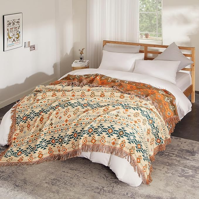 Boho Throw Blanket for Bed 60”x80”, 100% Cotton Woven Blanket for Couch Sofa, Ultra Soft 4-Layer Muslin Quilt with Diamond Pattern, Farmhouse Bed Blanket/Cover for Living Room Decor-Ruum Studio Home