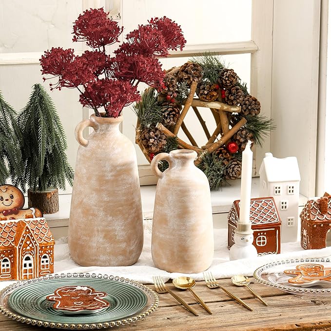 Ceramic Rustic Vase, 12.8" Large Flower Vases Home Decor for Pampas Farmhouse Decorative Pottery Clay Vase for Mantel Entryway Table Living Room Kitchen Bathroom Bedroom-Ruum Studio Home