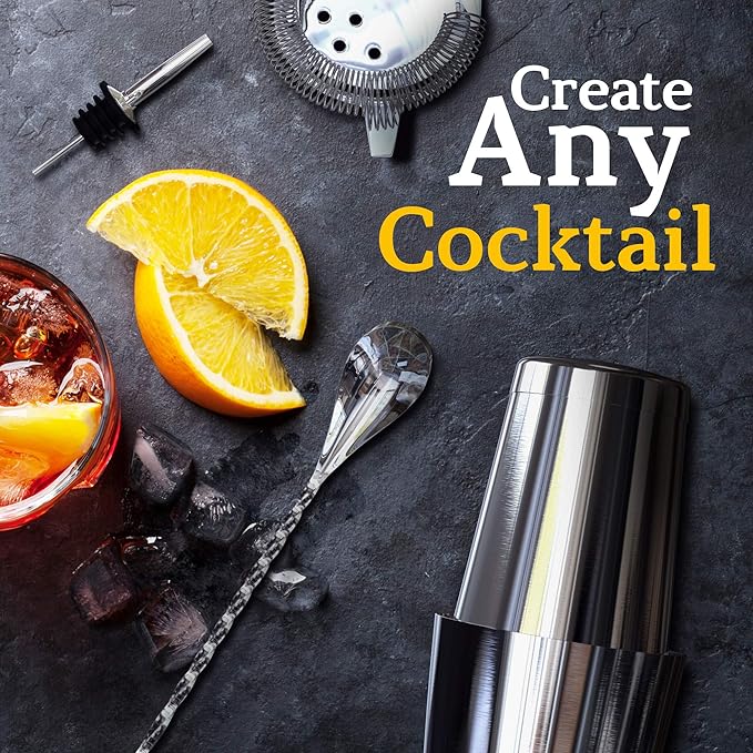Highball & Chaser 13-Piece Boston Cocktail Shaker Set Stainless Steel Mixology Bartender Kit With Stand For Home Bar Cocktail Set | Laser Engraved Cocktail Tools | Plus E-Book with 30 Cocktail Recipes-Ruum Studio Home
