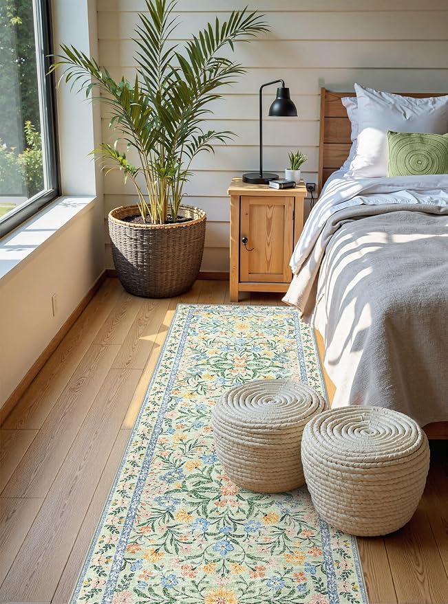 Wonnitar Washable Runners for Hallways, 2'6''x8' Floral Green Runner Rug for Kitchen Bathroom, Boho 8ft Non Silp Extra Long Rugs for Entryway Bedroom Laundry-Ruum Studio Home