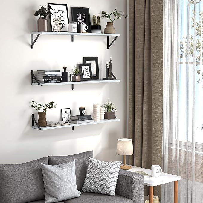 Heimlove Floating Shelves for Wall, 36 Inch Long Wood Floating Bookshelf Set of 3, Wall Mounted Hanging Shelf for Bathroom Bedroom Kitchen, White-Ruum Studio Home