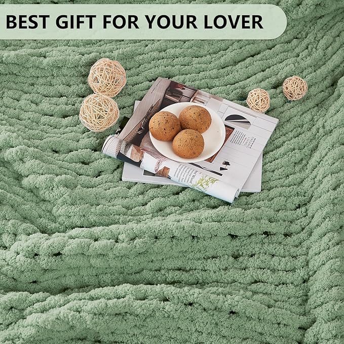 L'AGRATY Chunky Knit Blanket Throw: 72''x84'' Chenille Chunky Knitted Throw Blanket for Bed Couch - Handmade Thick Big Cable Knit Blanket - Large Chunky Crochet Blanket for Home Decor(Sage Green)-Ruum Studio Home