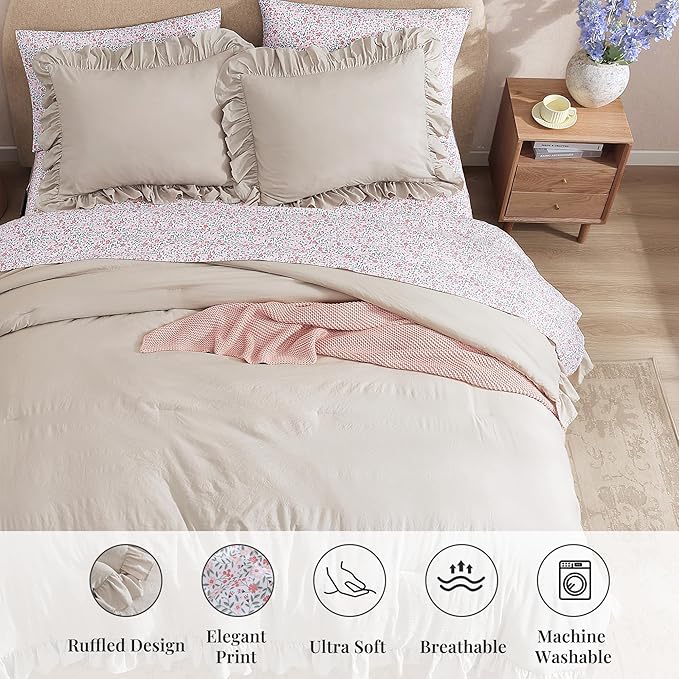 Full Comforter Set - 7 Pieces Ruffle Beige Bedding Sets, Shabby Chic Farmhouse Bed in a Bag Full with Ruffle Comforter, Floral Sheets, Pillowcases & Shams-Ruum Studio Home