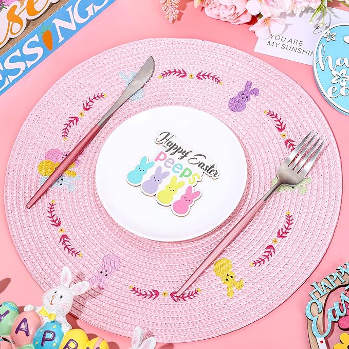 Whaline 4Pcs Round Bunny Easter Placemats Pink Rabbit Embroidered Place Mats Spring Cute Rabbit Dinner Table Mat Easter Dining Kitchen Table Mats for Home Wedding Baby Shower Birthday Party Decor-Ruum Studio Home