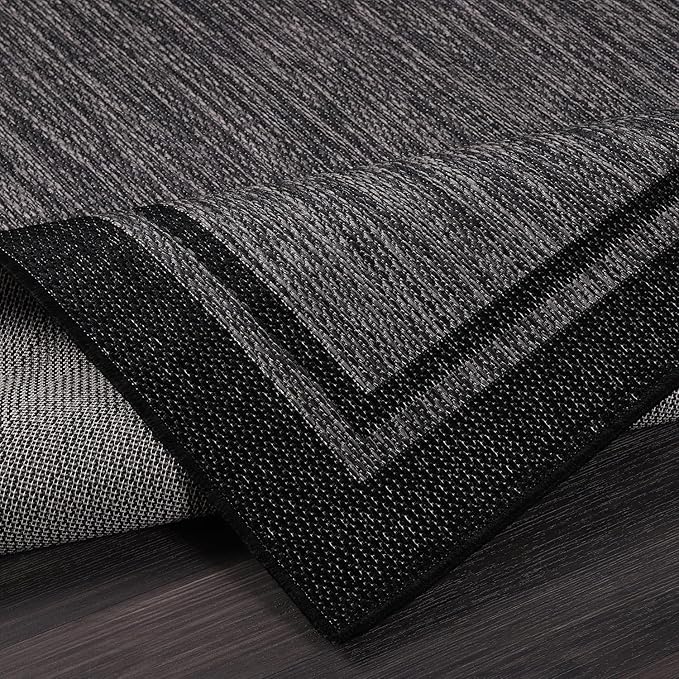 CAMILSON Indoor Outdoor Rug, 10x14 Bordered Dark Grey Black Modern Large Area Rugs for Indoor and Outdoor Patios, Kitchen and Hallway Mats, Washable Porch Deck Outside Carpet (Bordered Black, 10 x 14)-Ruum Studio Home