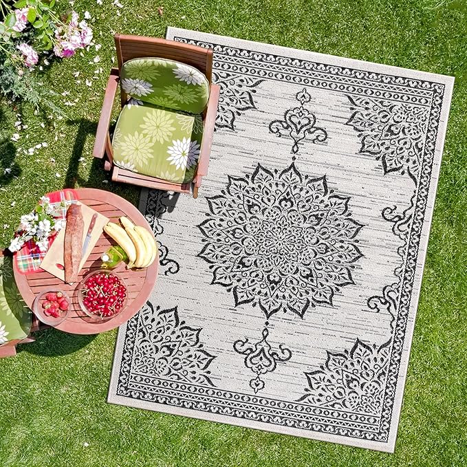 CAMILSON Outdoor Rug, 8x10 Medallion White Black Modern Area Rugs for Indoor and Outdoor Patios, Kitchen and Hallway Mats, Washable Porch Deck Outside Carpet (Medallion White, 8 x 10)-Ruum Studio Home