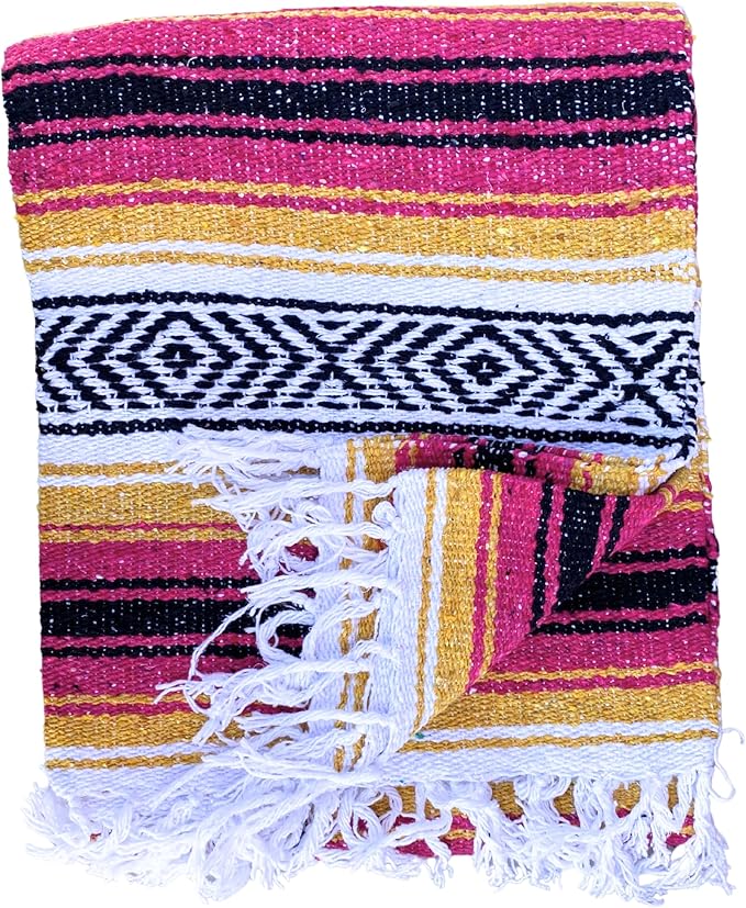 Del Mex Classic Mexican Blanket, Large Authentic Woven Falsa Throw (70"x50"), Artisan Southwest Décor for Beach, Yoga, Outdoors (Gold/Fuchsia)-Ruum Studio Home