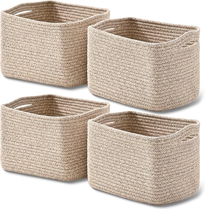 Small Storage Baskets for Shelves Organizing, Woven Cotton Rope Baskets for Storage, Book Basket, Decorative Shelf Basket, 12.5"Lx9.1''Wx7.9''H (4 Packs) Brown-Ruum Studio Home