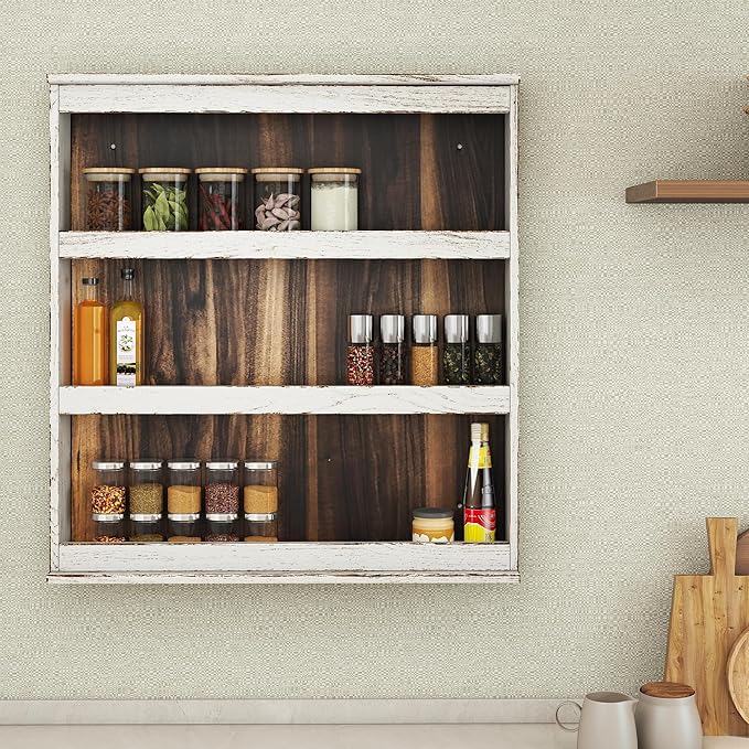 Nisorpa 3 Tier Spice Rack Wall Mount, Rustic Burnt Wood Wall Hanging Spice Rack Kitchen Spice Shelf Organizer for Seasoning Jars or Condiment Bottles, 19.68 x 3.35 x 21.25 Inches-Ruum Studio Home