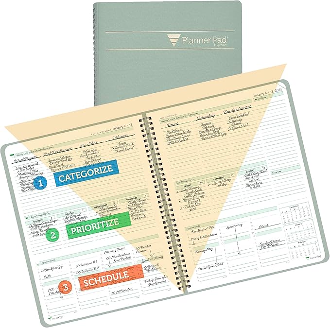 Planner Pad Spiral Bound January-December 2025/ Calendar Year 8 1/2" x 11" Large 3-Tier Funnel Down 12 Month Organizer, Greenish Grey Cover/Soft Green Ink-Ruum Studio Home