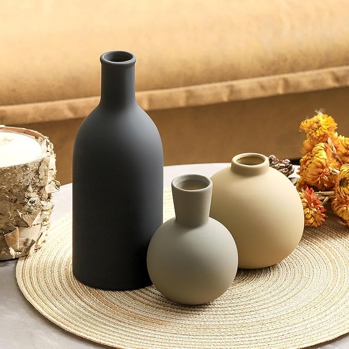 Ceramic Vase Set of 3, Flower Decorative Vases Home Decor Boho Neutral Modern Pottery Pampas Vases for Centerpiece Bouquet Table Mantel Entryway Bookshelf Living Room Bedroom Bathroom Kitchen-Ruum Studio Home