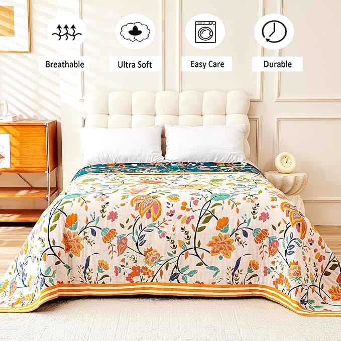 Boho Throw Blanket, 100% Organic Cotton Breathable Ultra Soft 80" x 90" Bed Quilt Throw - All Season Floral Rustic Farmhouse Decor Luxury Reversible Blanket for Sofa Couch Chair and Gift-Ruum Studio Home