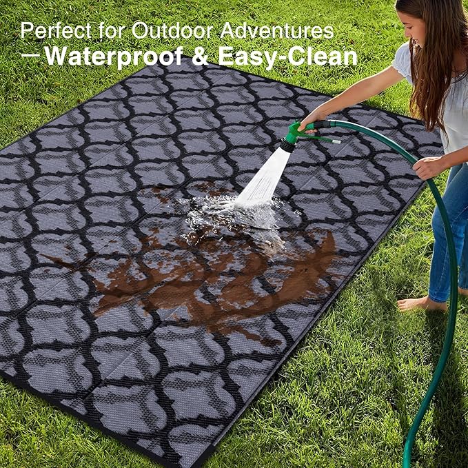 OLANLY Reversible Outdoor Rug 6x9 ft Clearance, Waterproof Outdoor Plastic Straw Rug with Interlacing Pattern, RV Mat for Patio, Camping, Balcony, Deck, Backyard, Black & Grey-Ruum Studio Home