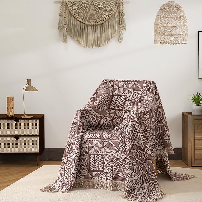 Boho Throw Blanket Twin Size, Soft Cozy Cotton Muslin Quilt Blanket for Bed Decor, Patchwork Block Couch Sofa Chair Cover, Vintage Farmhouse Cottage Tapestry Woven Blanket, Brown&White-Ruum Studio Home