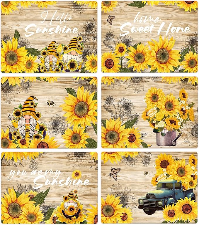 Sunflower Placemats Set of 6 Sunshine Plastic Table Mats Vintage Sunflower Theme Place Mats Summer Holiday Washable Table Placemats for Indoor Outdoor Party Kitchen Dining-Ruum Studio Home