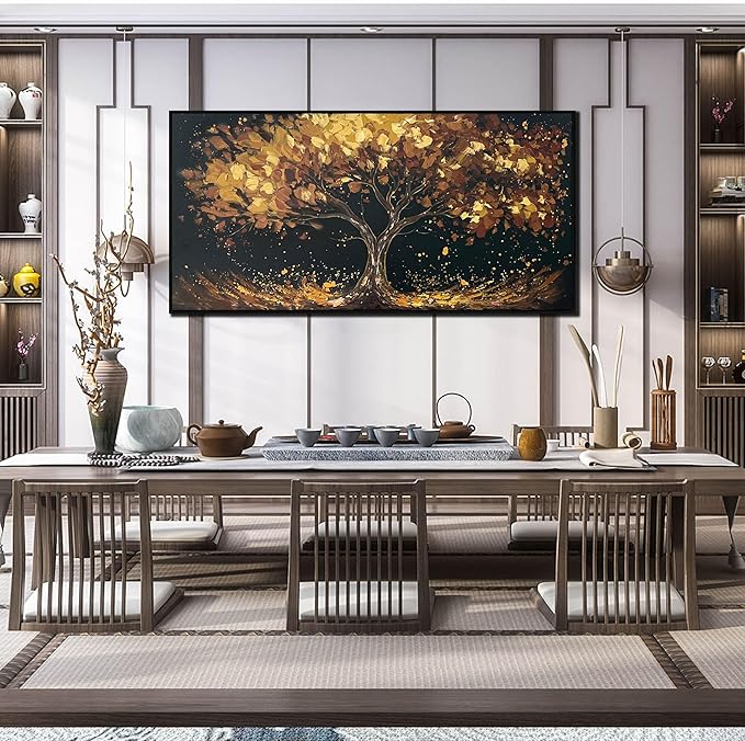 Tree Painting Wall Art for Office - Hand Painted Gold and Black Canvas Wall Art for Living Room - Black Framed Wall Art for Bedroom Size 29" x 59"-Ruum Studio Home