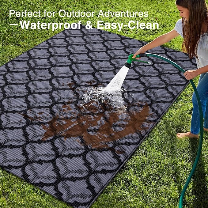OLANLY Reversible Outdoor Rug 5x8 ft Clearance, Waterproof Outdoor Plastic Straw Rug with Interlacing Pattern, RV Mat for Patio, Camping, Balcony, Deck, Backyard, Black & Grey-Ruum Studio Home