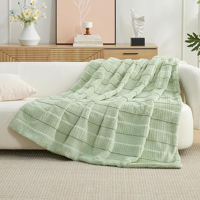 Amélie Home Luxury Striped Faux Fur Throw Blanket for Couch, Embossed Split Fur Cozy Fuzzy Fluffy Luxurious Soft Plush Sofa Chair Bed Gift Blankets for Women Men Wife Friend, 60"x80", Sage Green-Ruum Studio Home